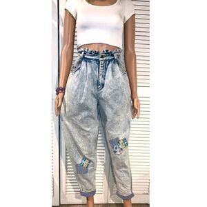 Vintage 90s high rise paper bag stone washed tapered patch Jeans 5/6